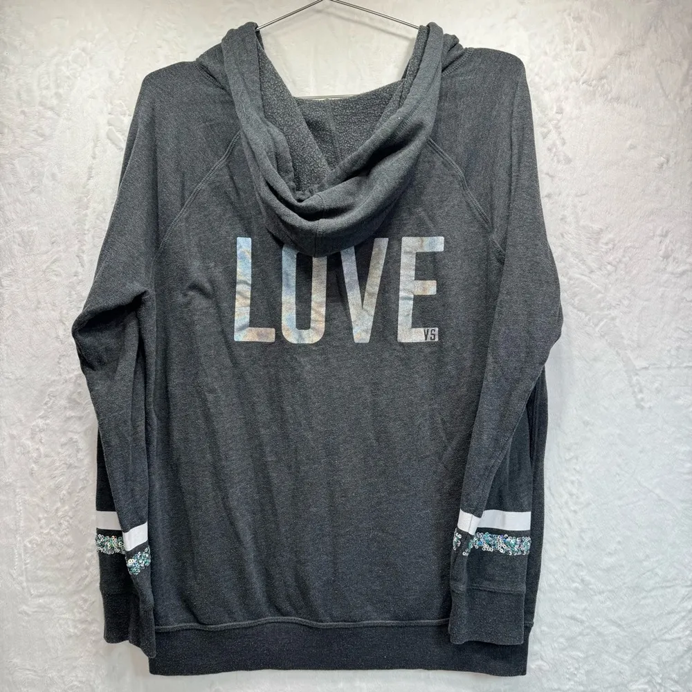 Victoria’s Secret Iridescent Love Rhinestone Sleeve Gray Hoodie Sweatshirt Small - Image 3
