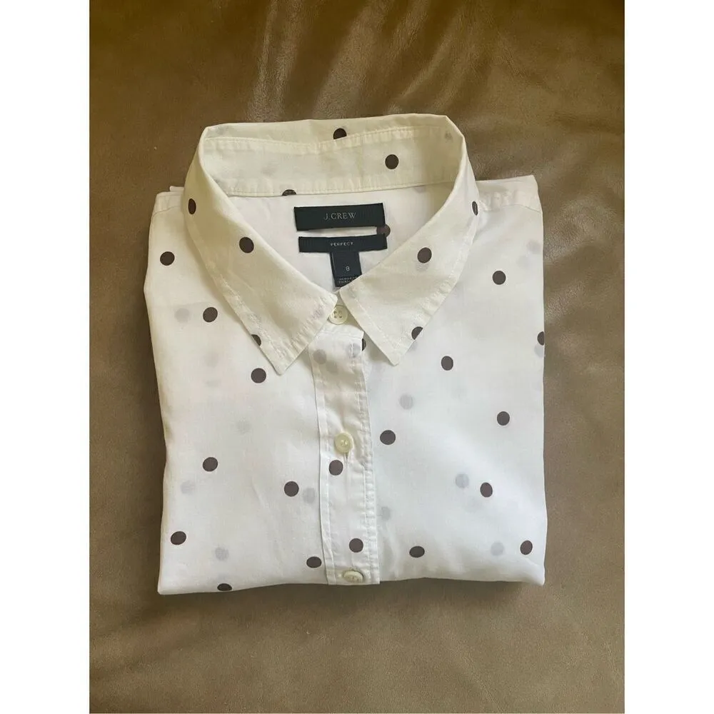 J Crew PERFECT womens brown polka dot white blouse 8 Size undefined - Image 7