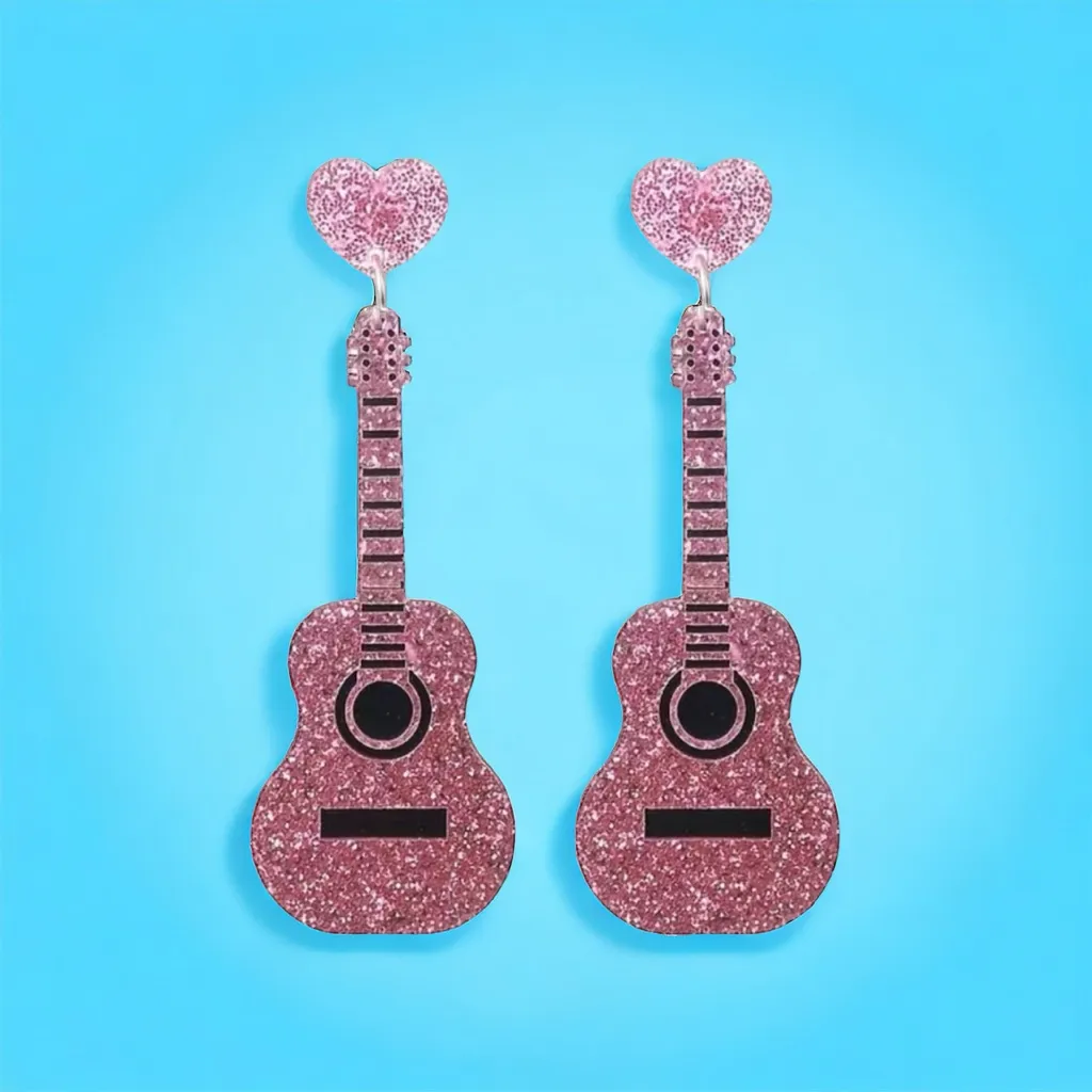 Sparkle with style: Pink guitar glitter‎ acrylic earrings - Image 10