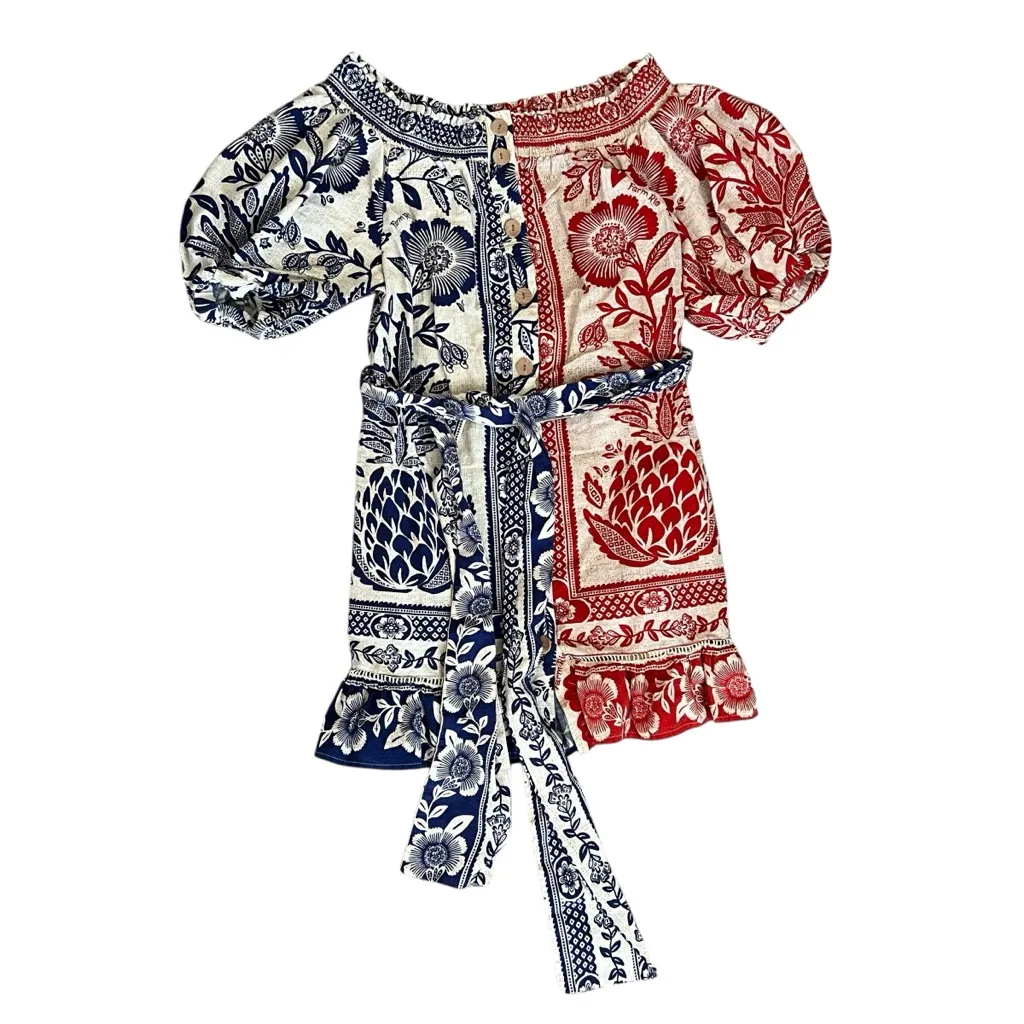 Farm Rio Anthro Women’s Mixed Pineapple Red Blue Off Shoulder Garden Mini Dress - Image 2