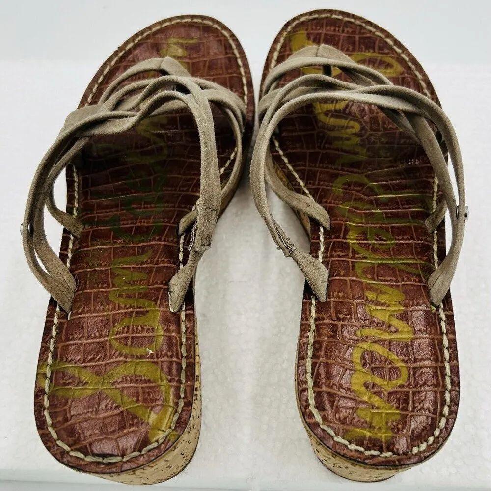 Sam Edelman Sz 8 Reana Taupe Suede Strappy Boho Neutral Earthy 3" Wedge Sandals - Image 7