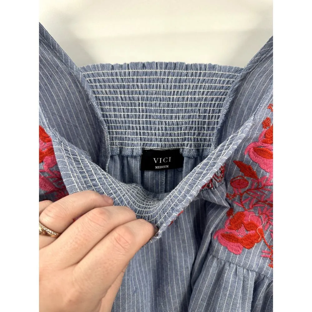 VICI Boho Blue White Stripe Floral Embroidered Mini Flowy Dress Medium - Image 3