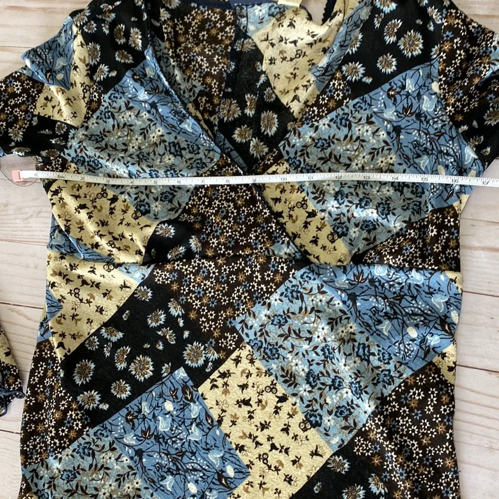 Y2k vintage boho floral patchwork blouse long sleeve blue brown tan large Multiple - Image 7