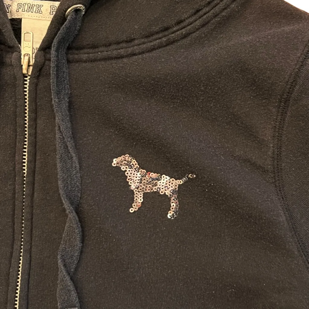 RARE VICTORIA SECRET LOVE PINK ZEBRA SEQUINS BLING HOODIE SWEATSHIRT Size Large - Image 5