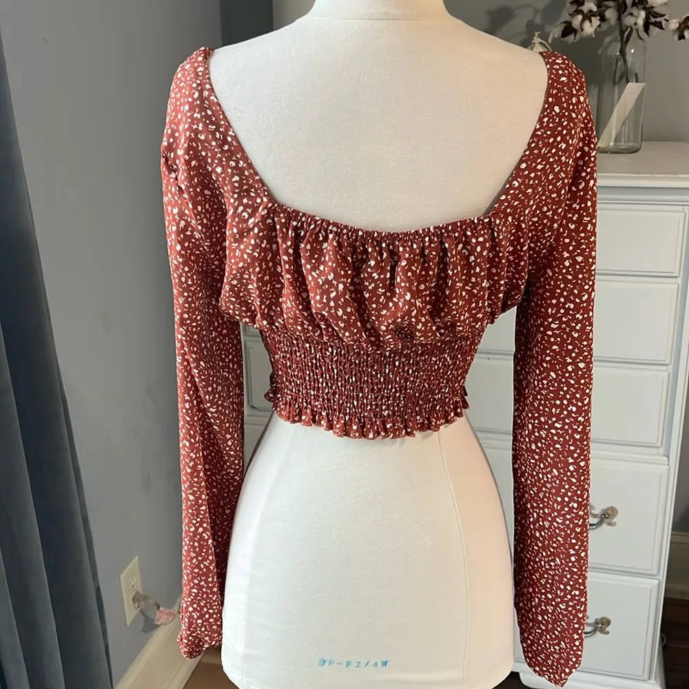 Romantic Peasant Crop Top Long Sleeve Rust Smocked Womens XS - Image 6