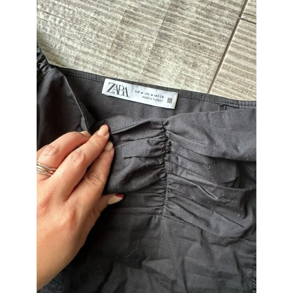 Zara Womens Medium Top Animal Leopard Print Organza Puff Vneck Sleeve Crop Black - Image 3