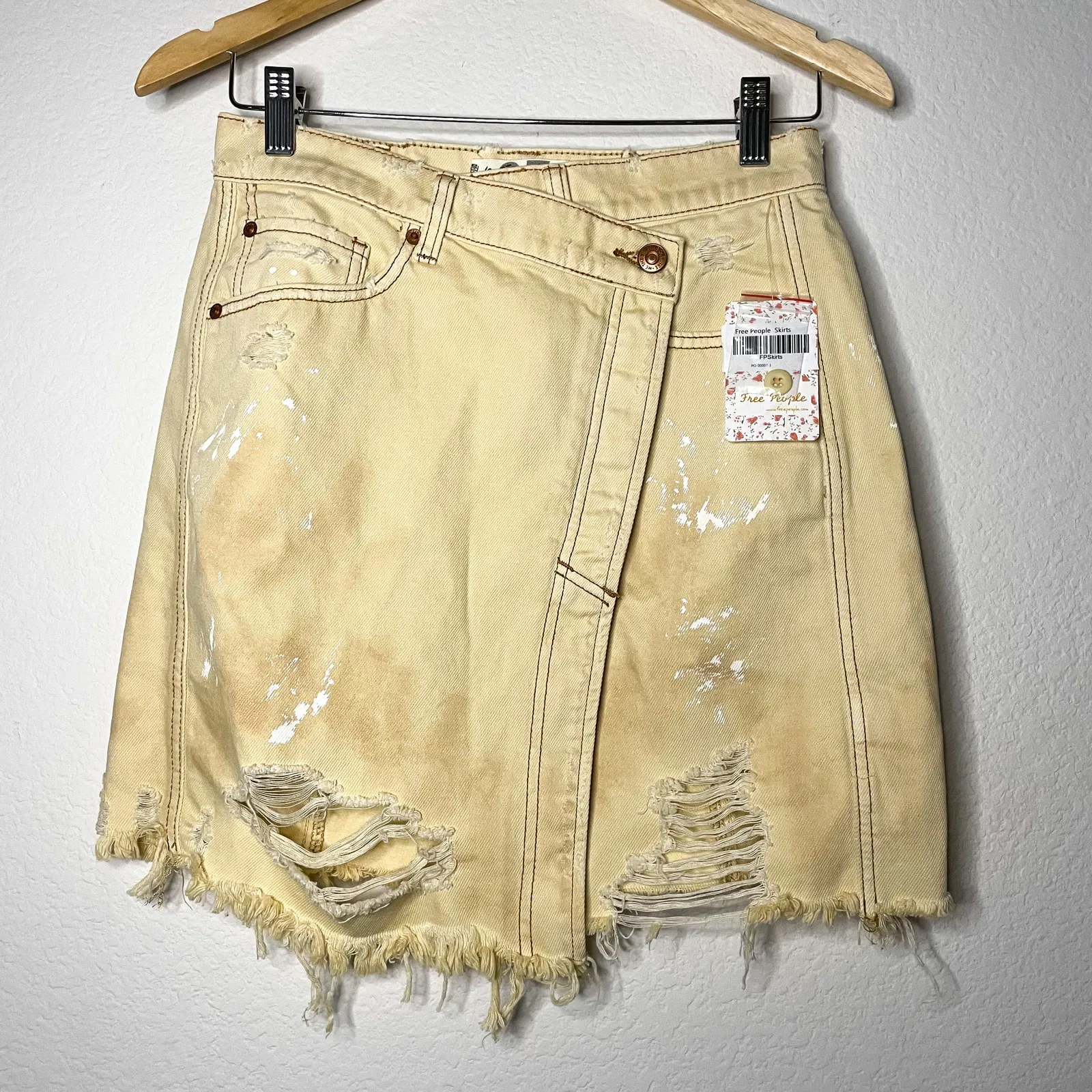 Free People Parker Pale Yellow Destroyed Denim Wrap Skirt - Image 3
