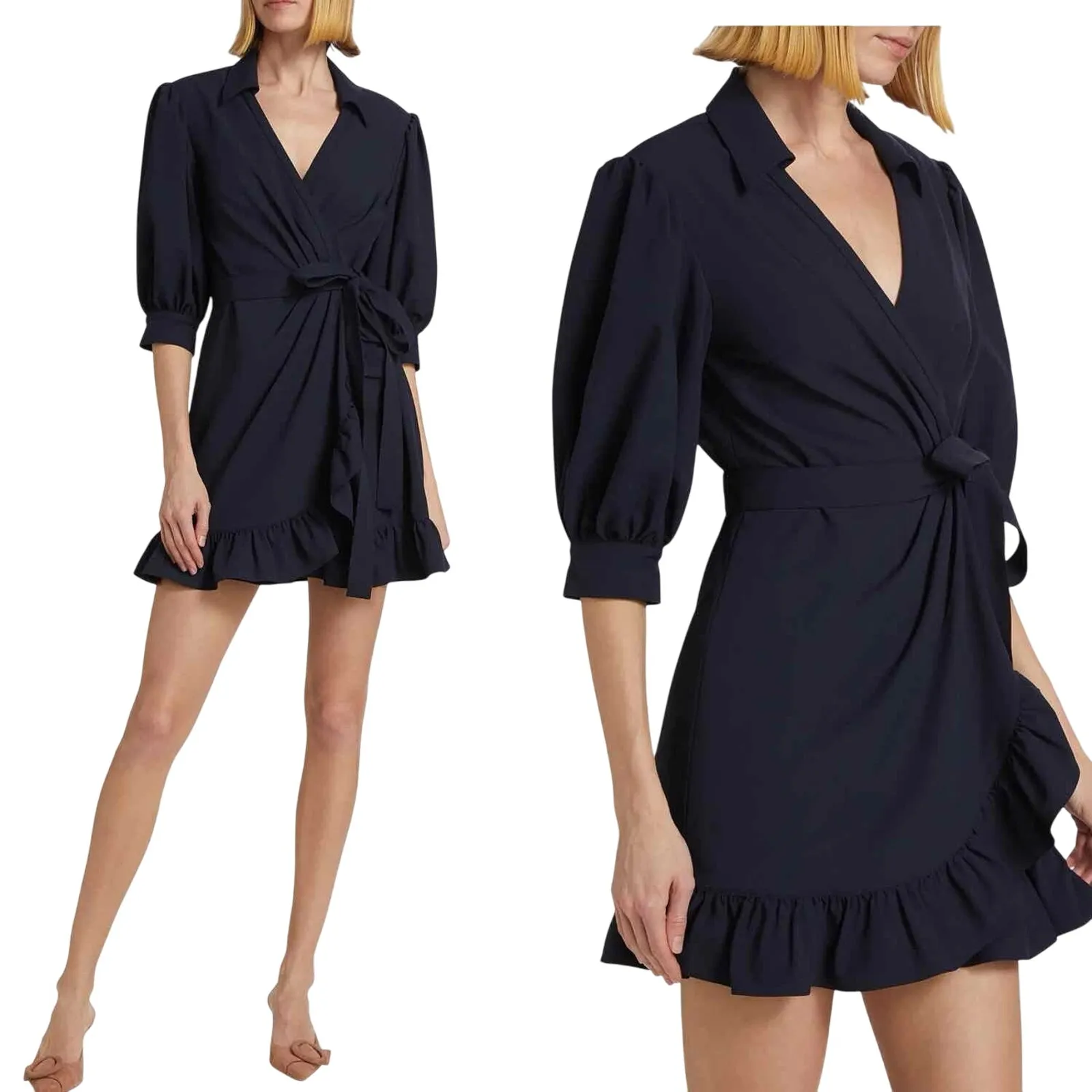 Cinq à Sept Vickie Wrap Ruffle Mini Dress Size US 4 Navy - Image 10