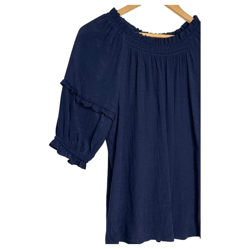 Nanette Lapore Top Womens S Sheer Half Sleeve Ruffle Round Neck Designer Blue - Image 4