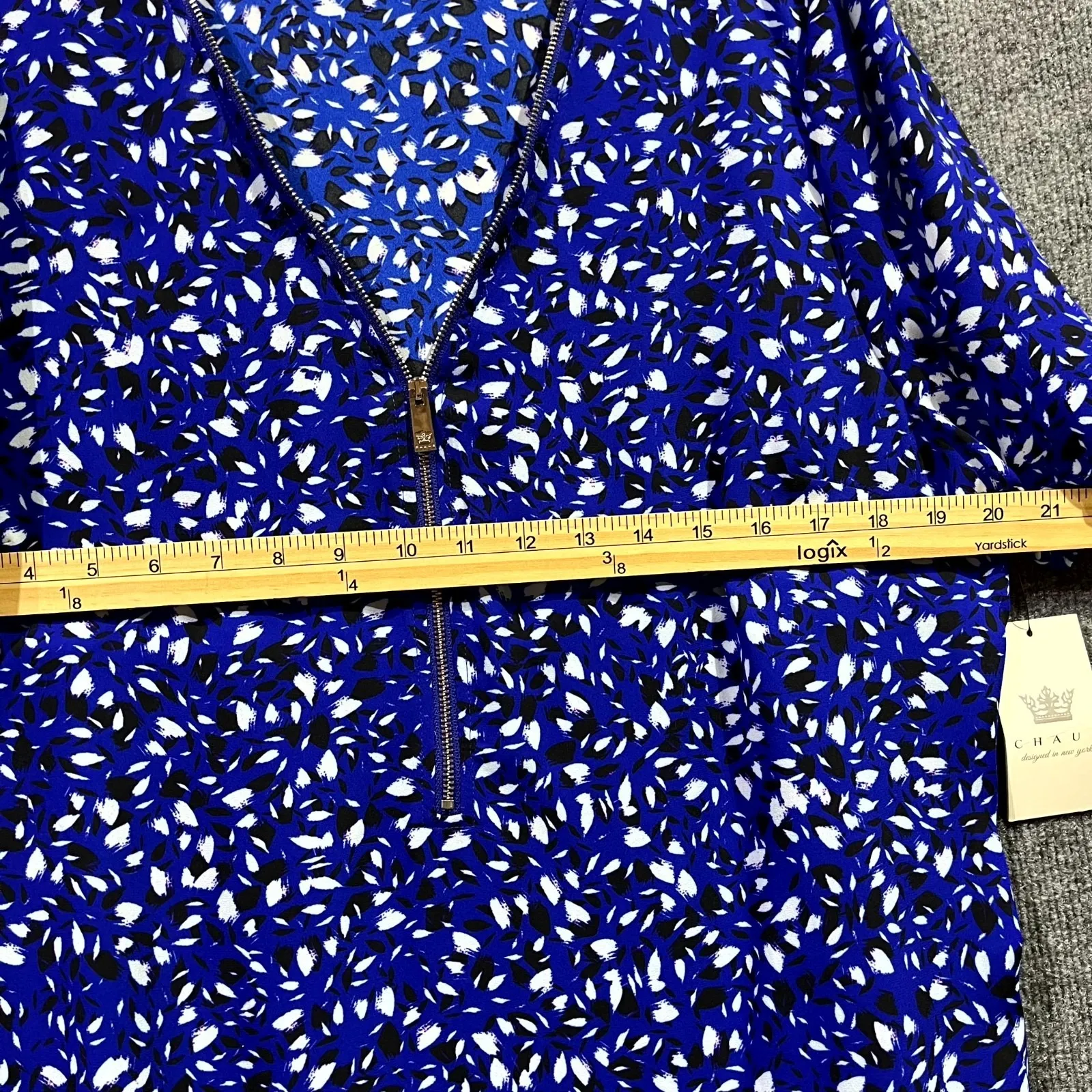 Chaus New York Blouse Womens XL Wild Blue White Ditsy Floral Preppy Zip Front - Image 6