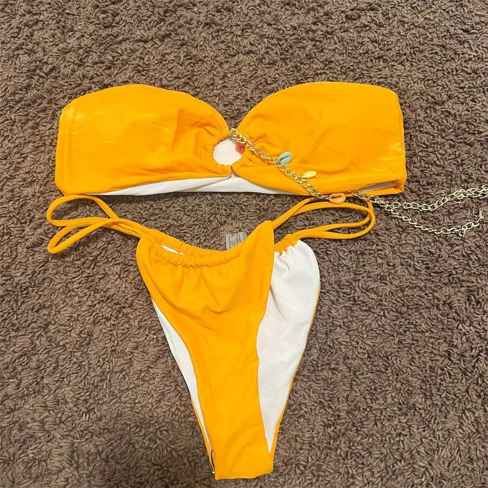 Women's Orange Bandeau Bikini Set with Chain Detail Size Medium NWOT - Image 2