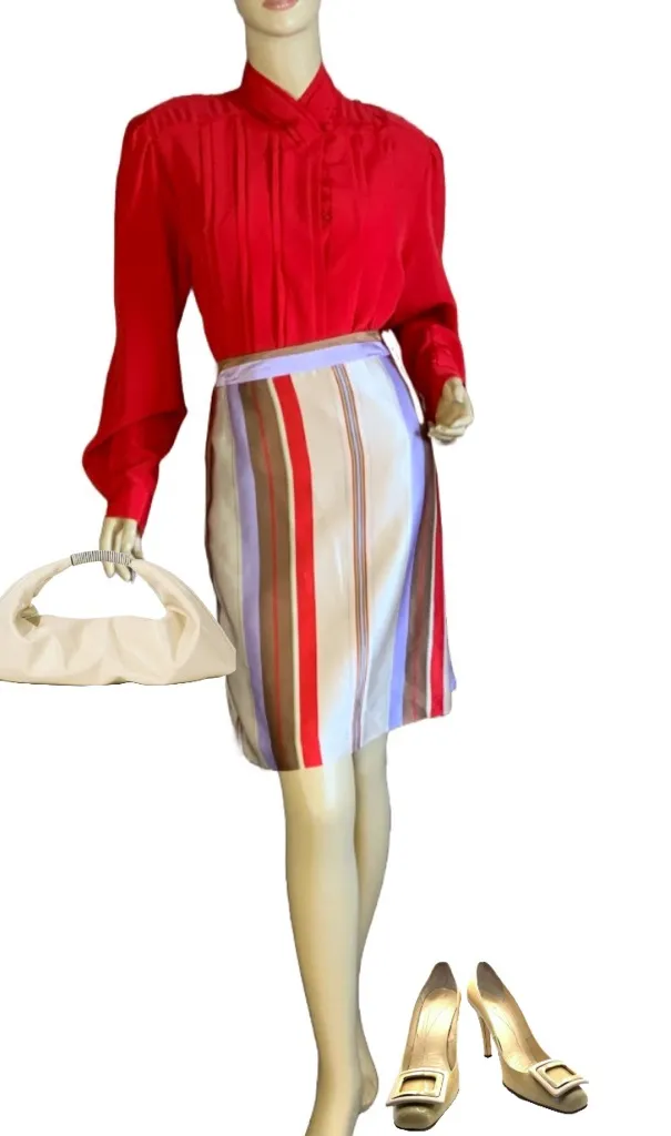 HARVE BENARD CREAM, BROWN, RED & VIOLET VINTAGE STRIPE SILK SKIRT NWT (12) - Image 2