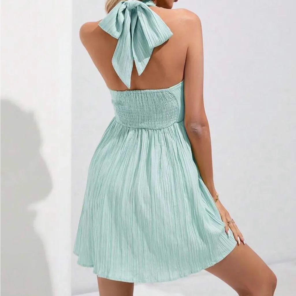 Elegant Halter Tie-Neck Mint Dress - Image 2