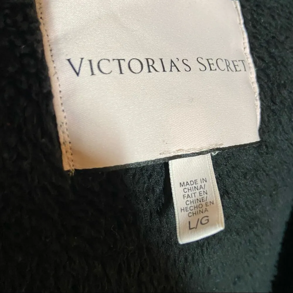 Victoria’s Secret Robe Plush Hooded Sherpa Lined Pockets Waist Tie Black Large - Image 3