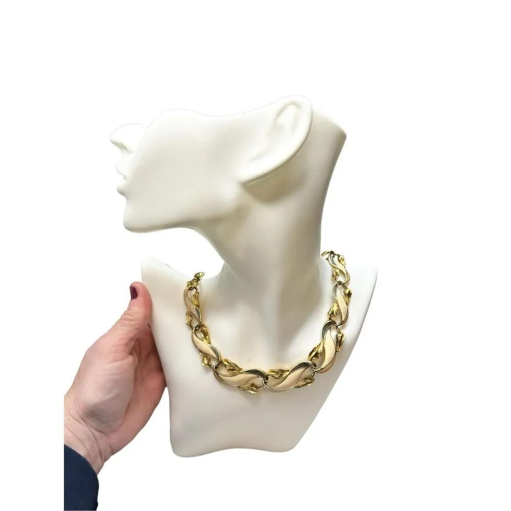 Trifari signed gold and creme colored leaf linked statement necklace - Image 2