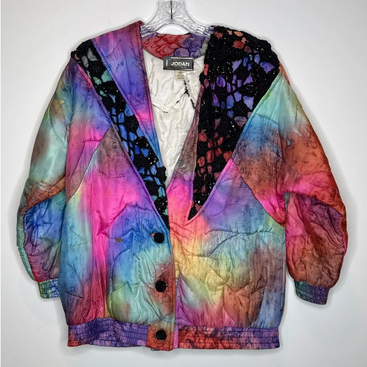 1980s–90s Jordan Silk Quilted Jacket Abstract Artwear Lace USA Large - Image 2
