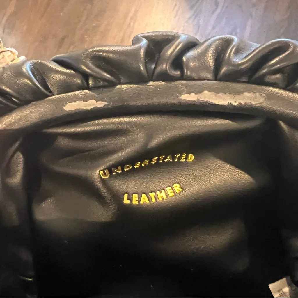 Understated Leather Black Ruched Frame Clutch Pouch Handbag with Gold Chain - Image 5