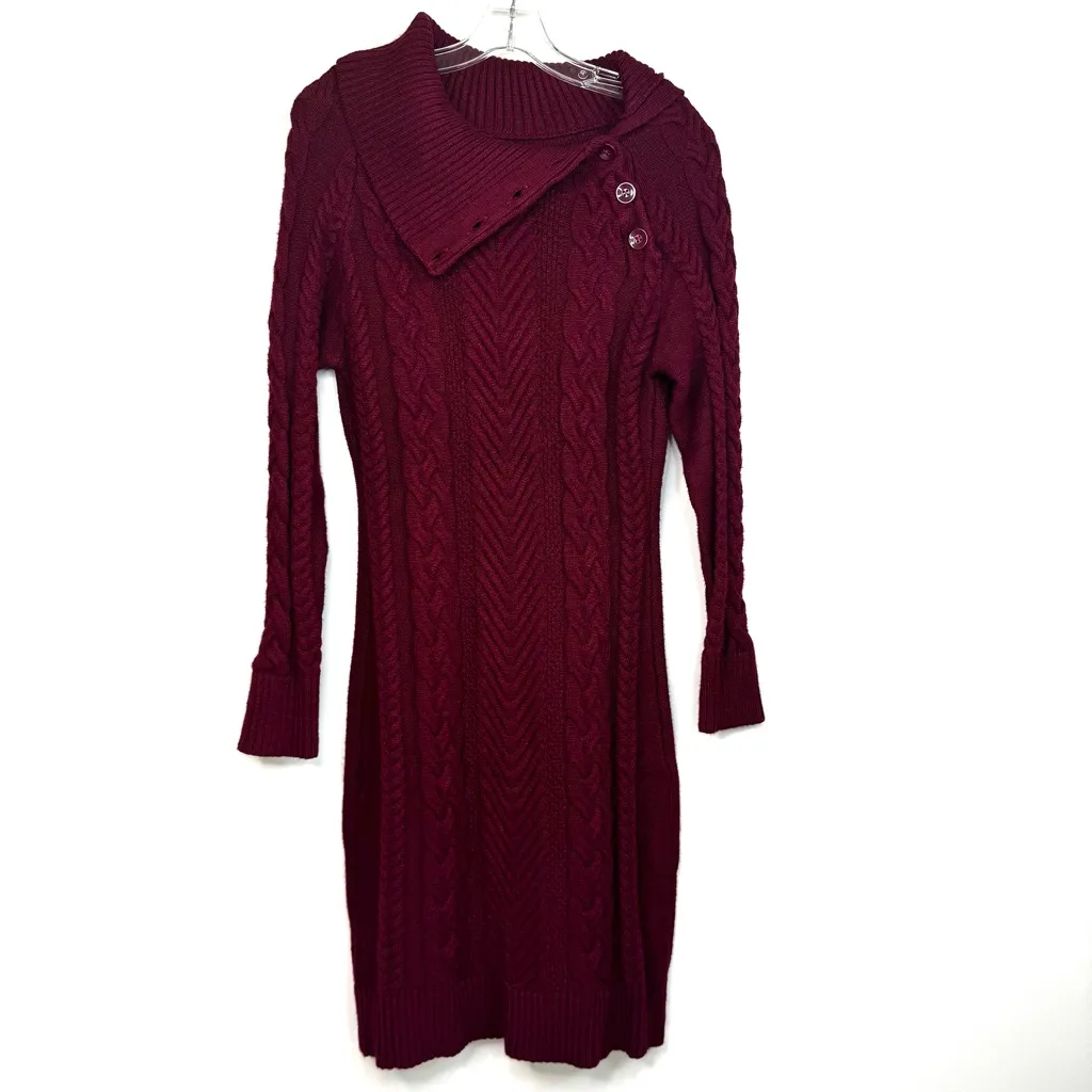 Red Cable Knit Sweater Dress Long Sleeve Turtleneck Pullover Size L - Image 4
