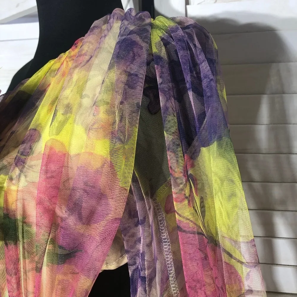 Vintage 70s One Shoulder Maxi Dress Floral Yellow Pink M Size M - Image 6