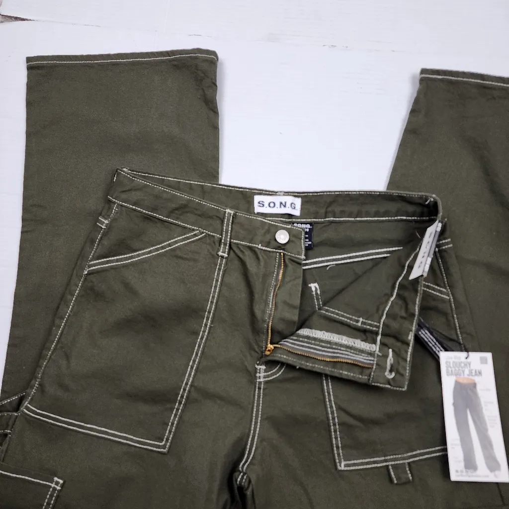 SONG Olive Green Slouchy Baggy Jeans Utility Wide Leg Pants Size 13/31 - Image 4