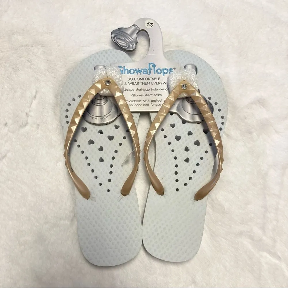 Showaflops Shower Shoes Size 5 6 White Heart Gold Pyramid Flip Flop NWT Water - Image 2
