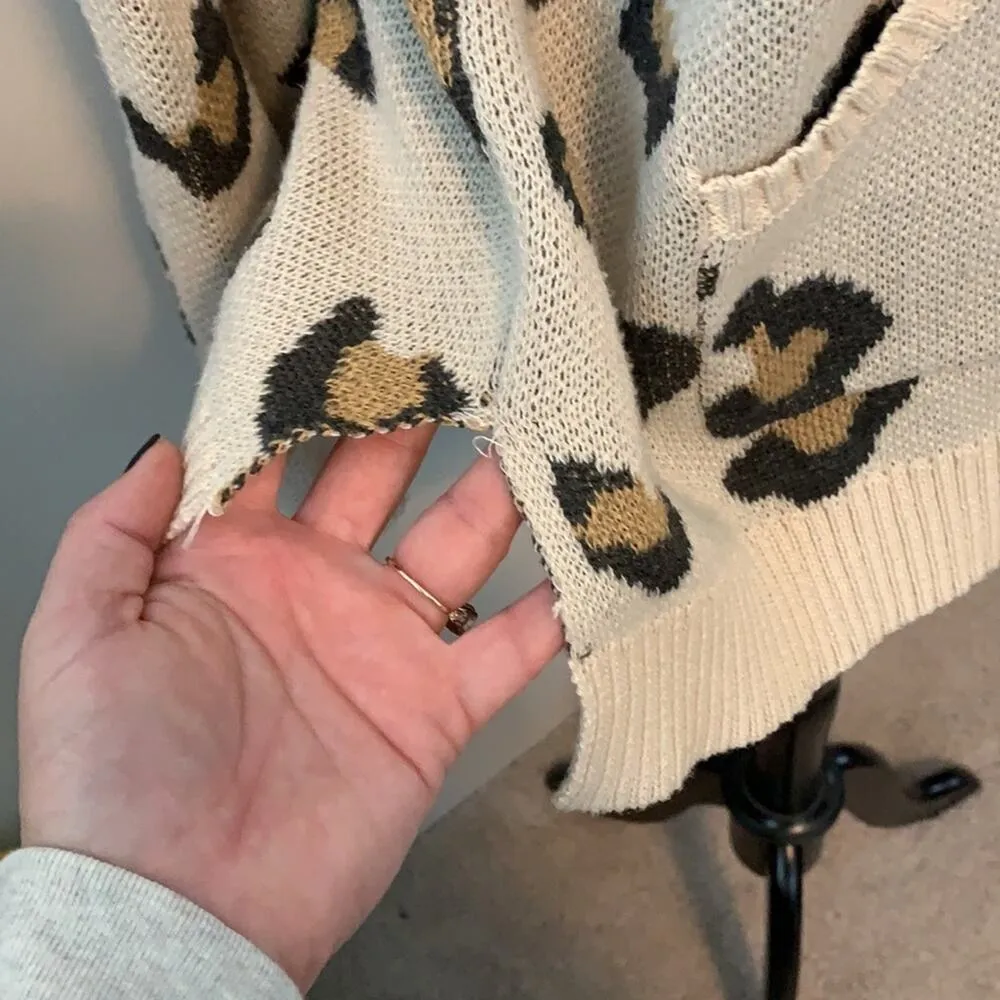 Leopard Cheetah Animal Tan Hood Sweater Sz L - Image 7