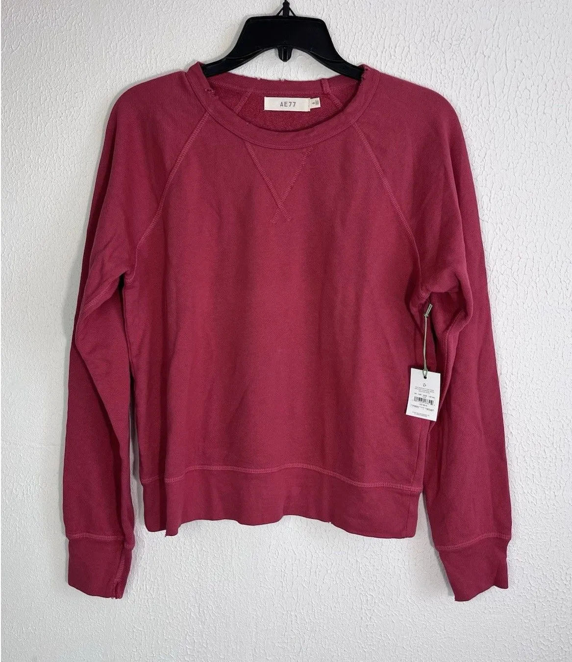 NWT AE77 American Eagle Tattered Crew Neck Sweatshirt Women's Small 100% Cotton Red - Image 1