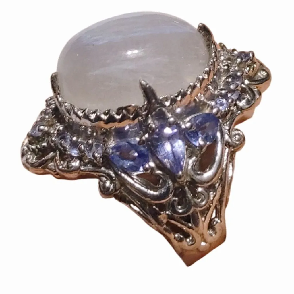 Oval Rainbow Moonstone Ring Size 7 Tanzanite Filigree Sterling Silver Stamp 925 - Image 3