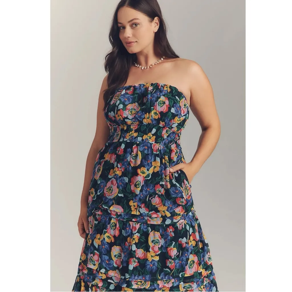 Anthropologie The Somerset Strapless Maxi Dress Blue Patte Floral Size Large NWT - Image 7