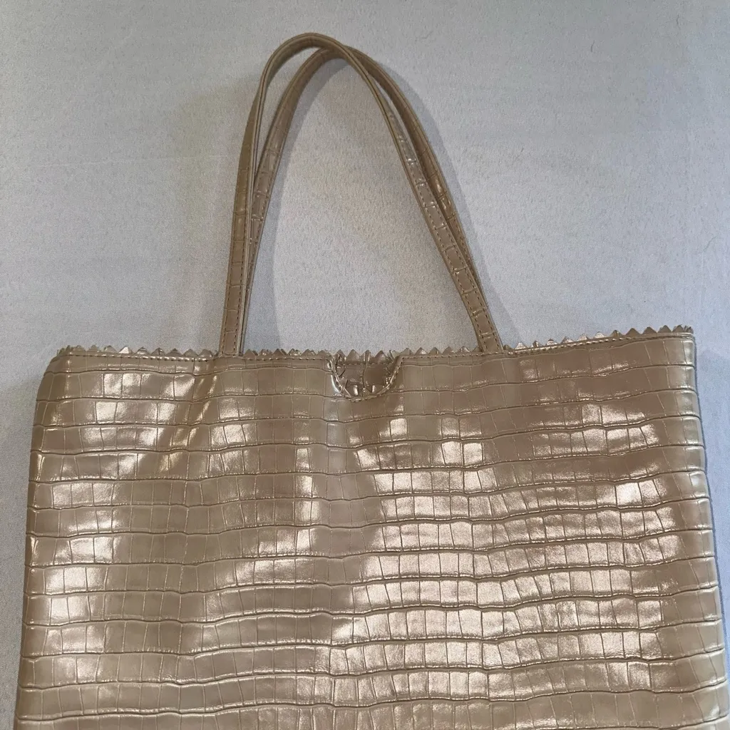 Carlos Falchi • Crocodile Embossed Tote Bag Faux Leather Large Roomy Gray - Image 3