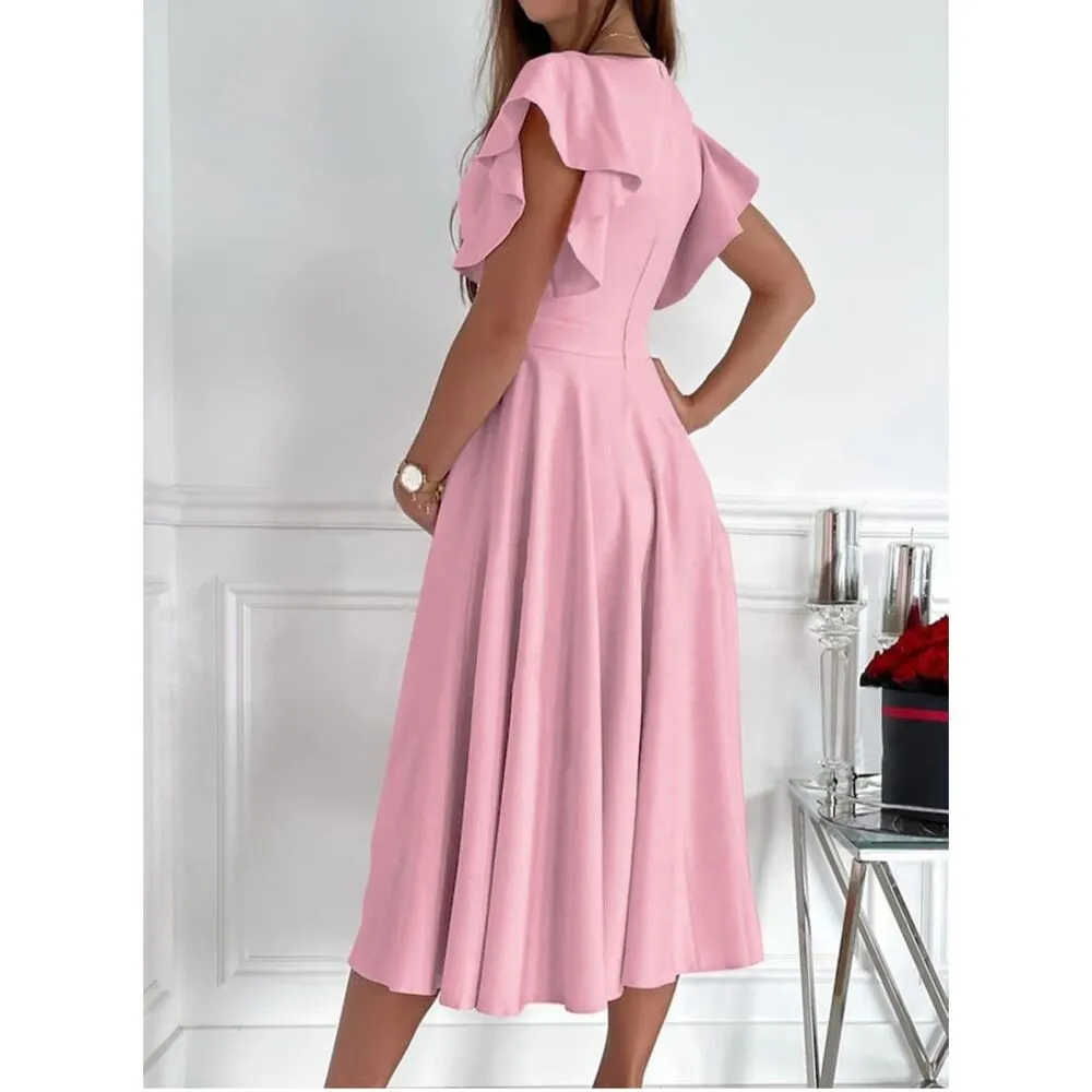 NEW V Neck Elegant Short Sleeve Skater Wedding Guest Dress XL Pink - Image 3
