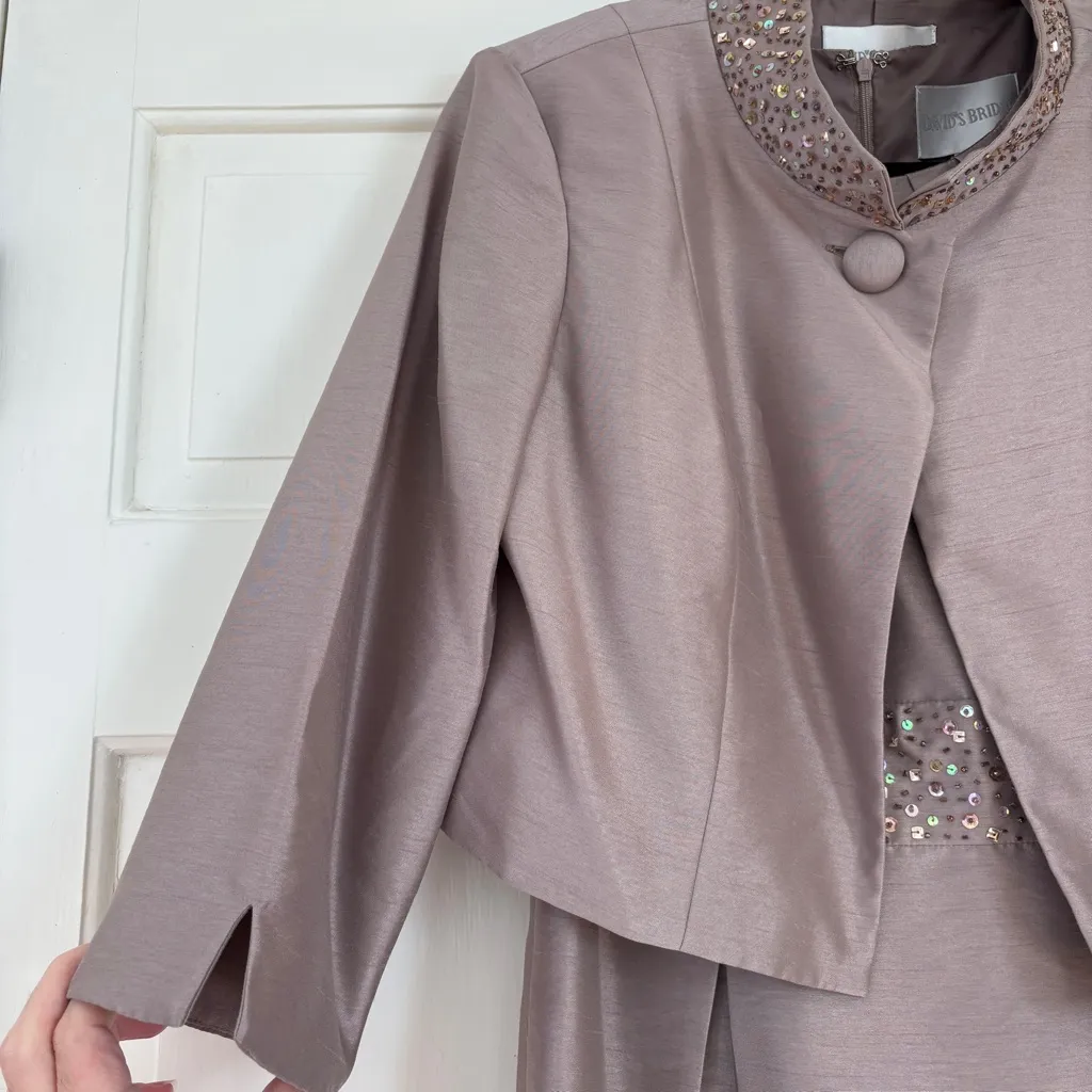 David's Bridal Taupe Beaded Dress and Jacket Set Ensemble Size 12 Wedding Attire - Image 16