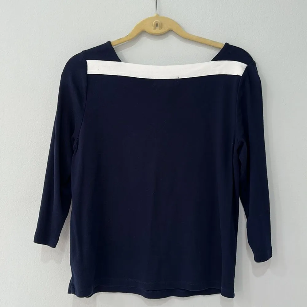Lauren Ralph Lauren Cotton Petite Navy Blue/White Trim Top Sz PL - Image 5