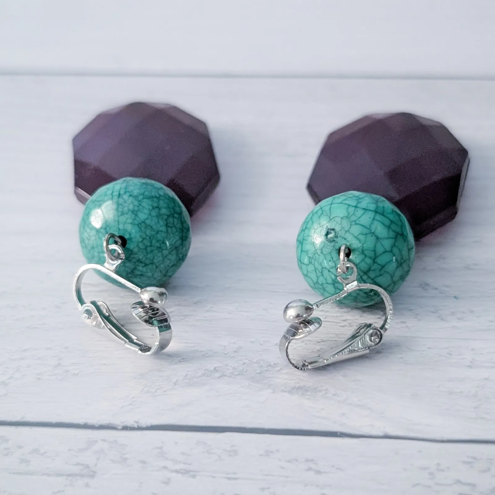 Vintage Clip On Earrings Dark Purple & Turquoise Tone Large Chunky Dangle - Image 5