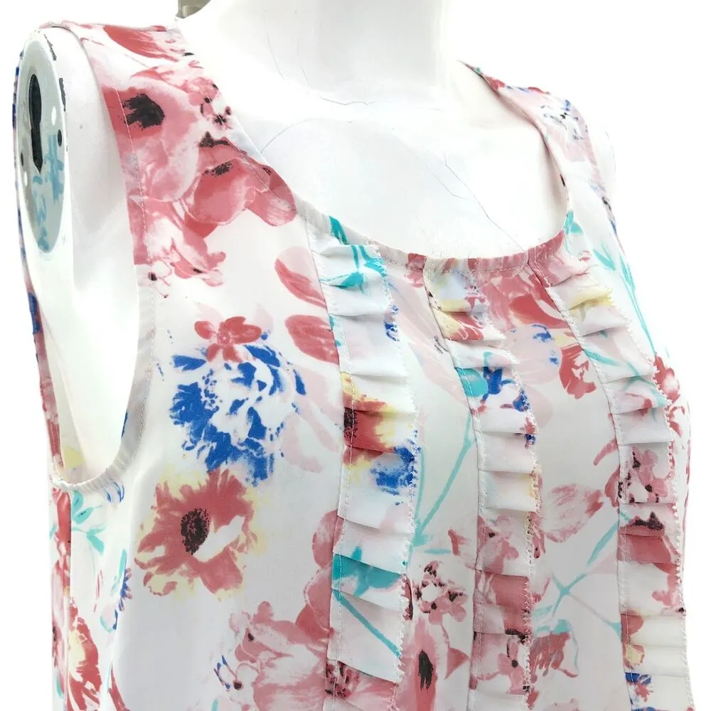Elle MEDIUM White Pink Floral Chiffon Pleated Scoop Neck Sleeveless Top Blouse - Image 2