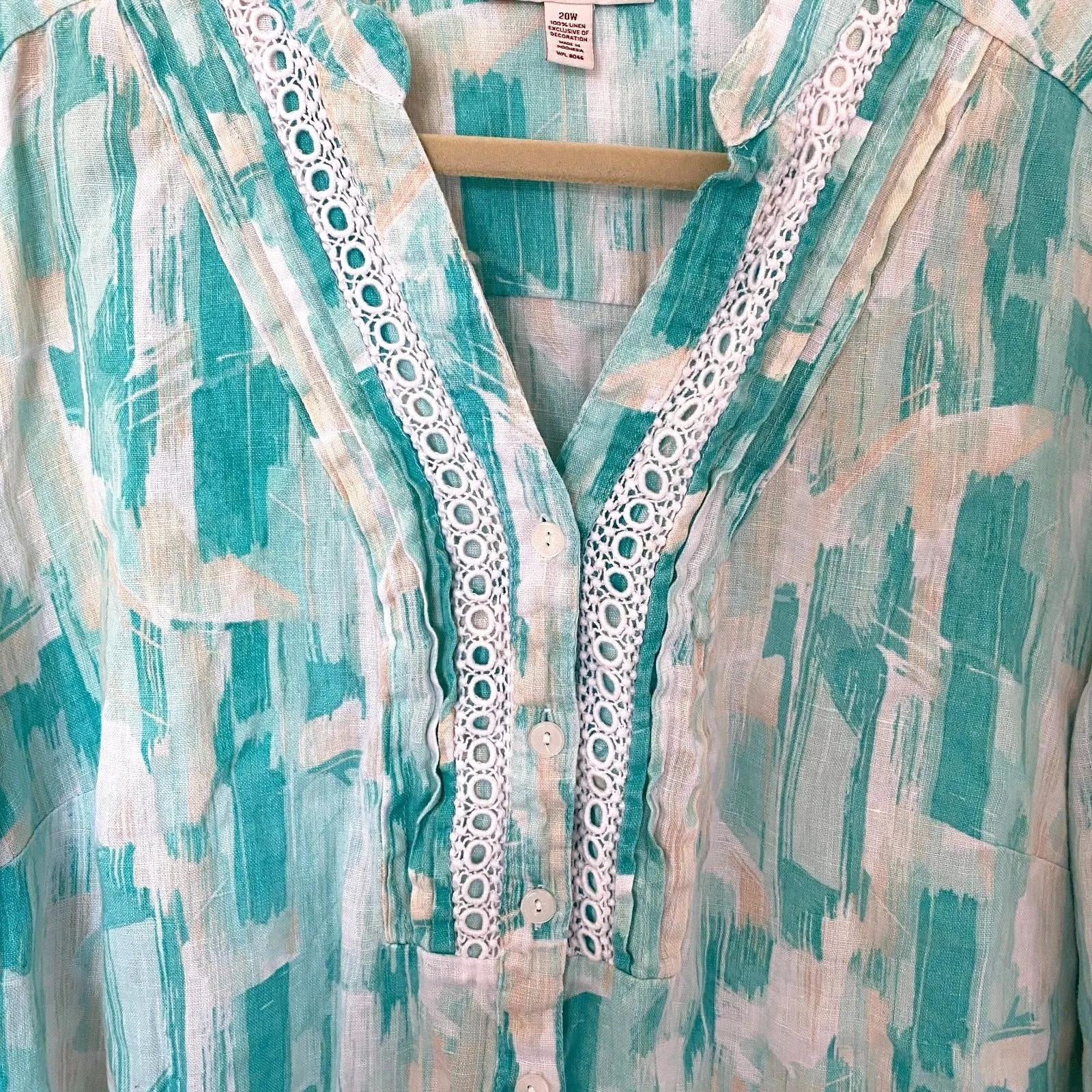 JM Collection Linen Blend Button Up 3/4 Sleeve Shirt Lace Trim Feminine Style 20 Green Size 20W - Image 3