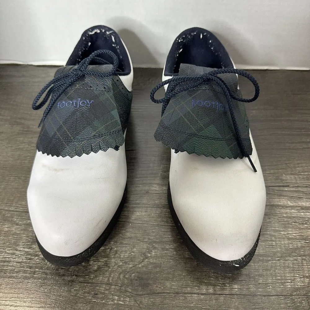 Women's Vintage Footjoy FJ Size 8 Kiltie Spiked‎ Golf Shoes White And Plaid - Image 2