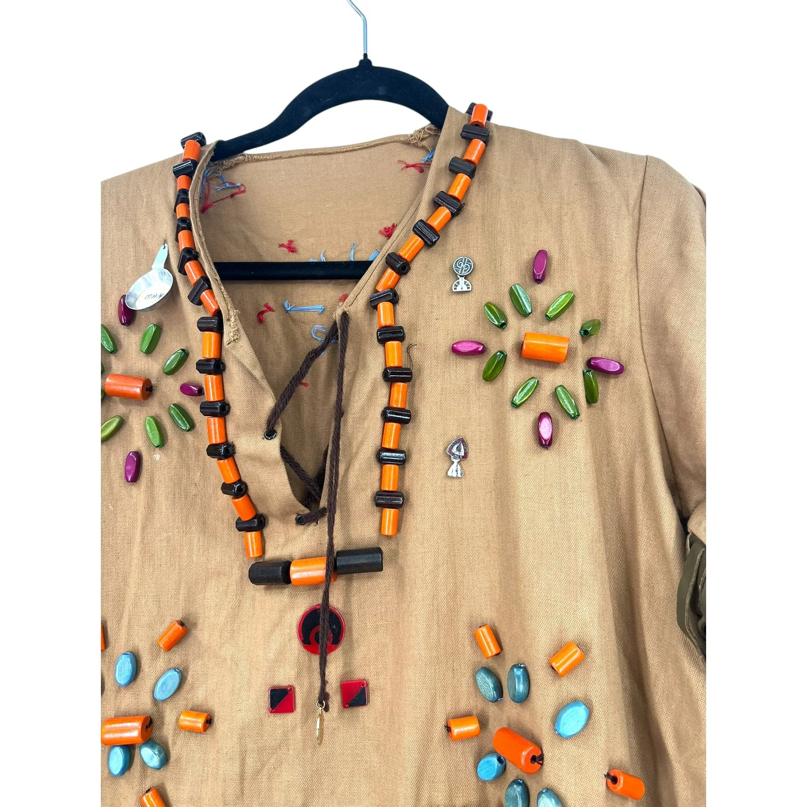 Vintage 50'S ceremonial dress S extensive beading patches extras hippey pin Camp Brown - Image 8