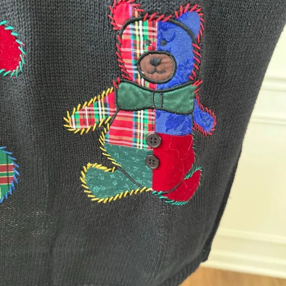 Vintage 90s Susan Bristol Applique Embroidered Teddy Bear Heart Sweater L - Image 4