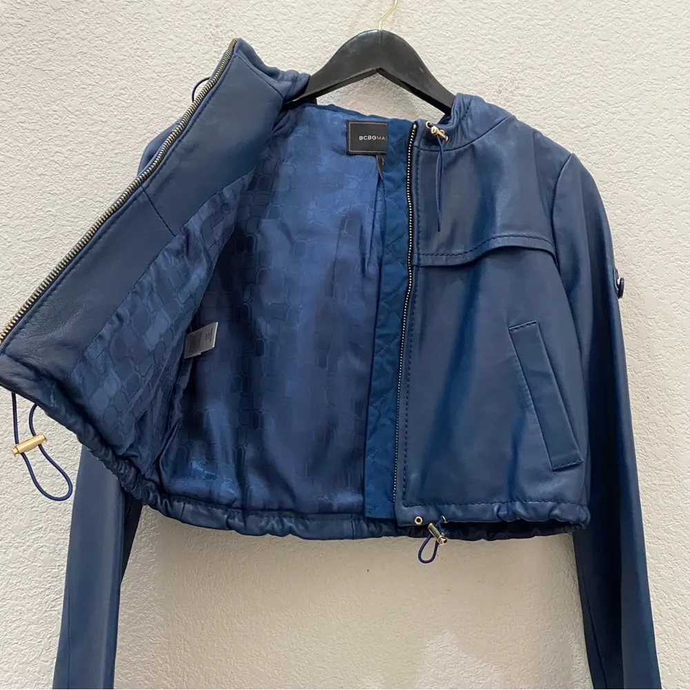 BCBGMaxAzria Blue Cropped Hooded 100% Leather Jacket Size XS - Image 11