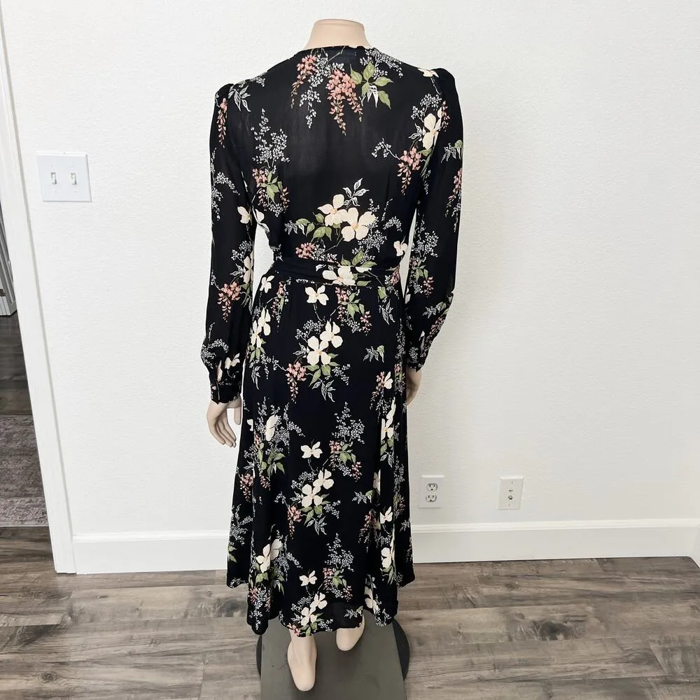 [Reformation] Black Floral Print Susanna Long Sleeve Wrap Midi Dress Sz Large L - Image 3