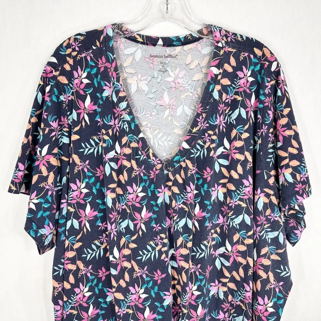 Woman Within Plus Size 3X Top‎ 30W 32W Blue Floral Print V Neck Cotton 1691 - Image 3
