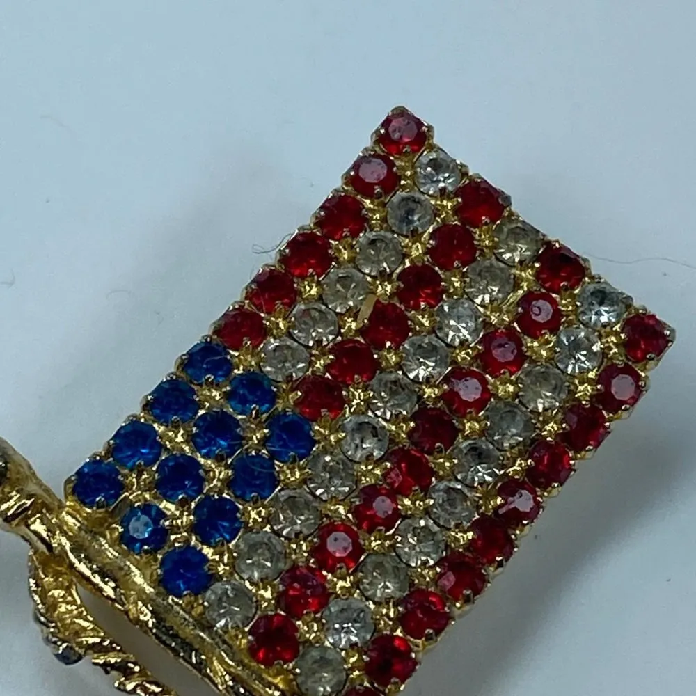 Vintage USA American Flag Patriotic Pin Brooch Rhinestone Red White Blue Gold - Image 8