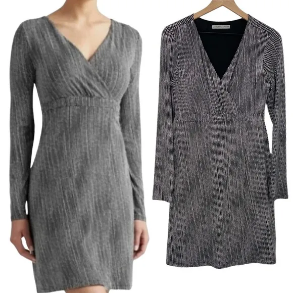 Athleta Dress Stretchy Black White Surplice Faux Wrap Dot Print Long Sleeve S - Image 2