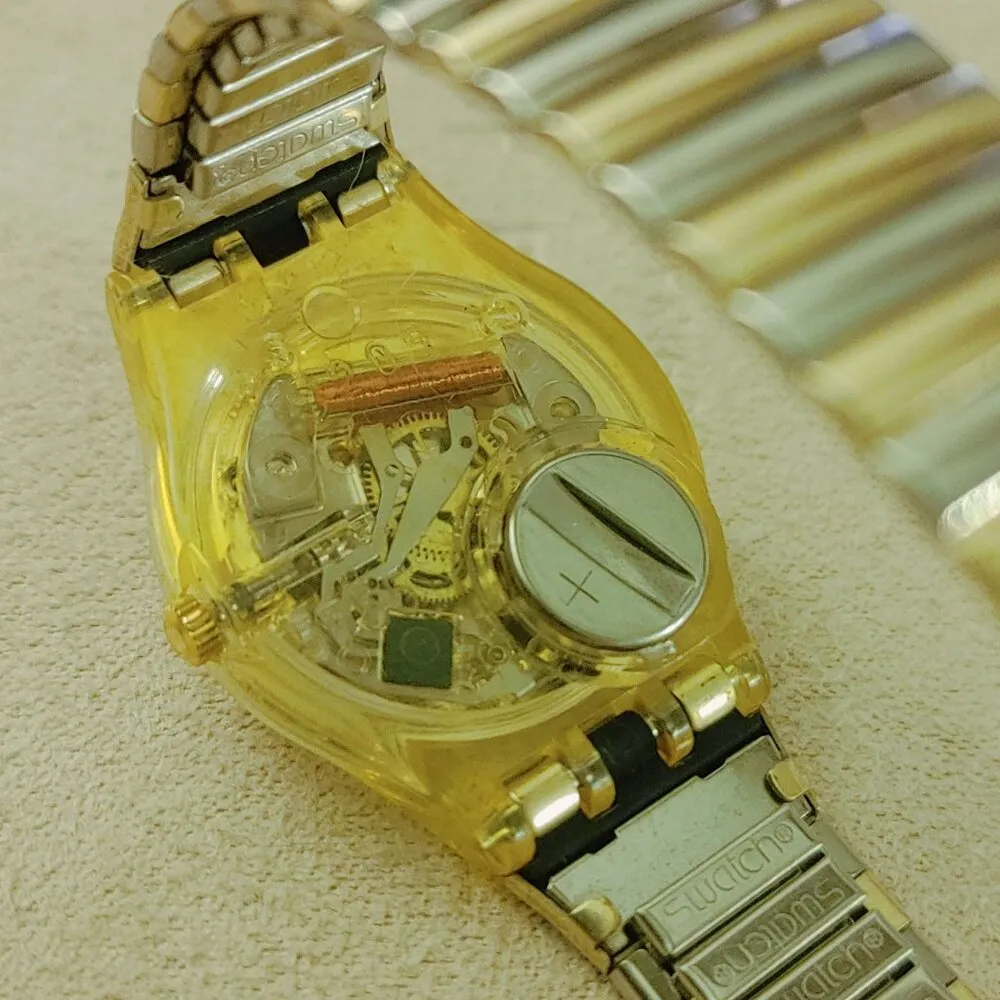 Vintage Swatch Gold Dial Watch With Yellow Transparent Case & Metal Bracelet - Image 2