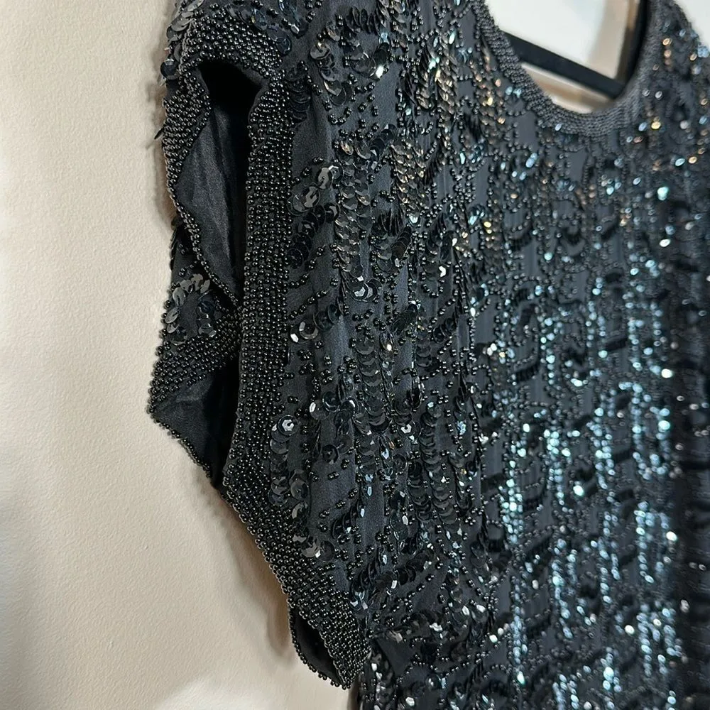 Oleg Cassini 100% Silk Sequins Beaded Luxury Vintage Evening Top Women Small - Image 3