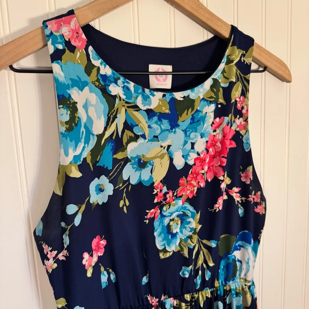 Wanna B Sleeveless High Neck Navy Blue Floral Maxi Dress Women’s Size Medium - Image 6