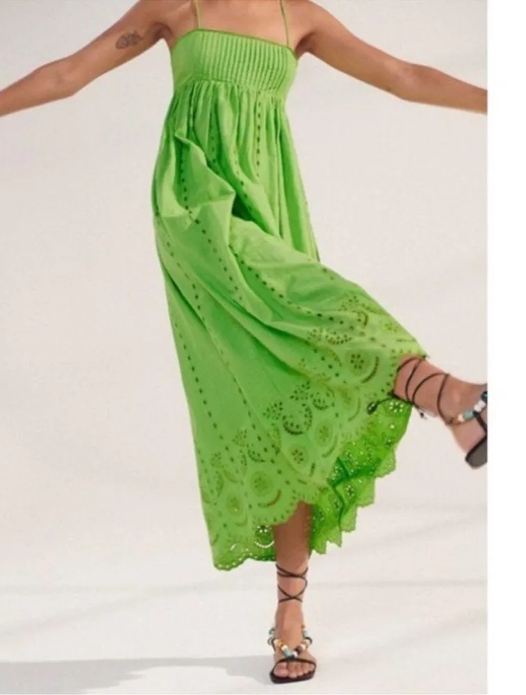 Zara Openwork Embroidery Midi Maxi Dress Lime Green 100% Cotton Size XS NEW - Image 3