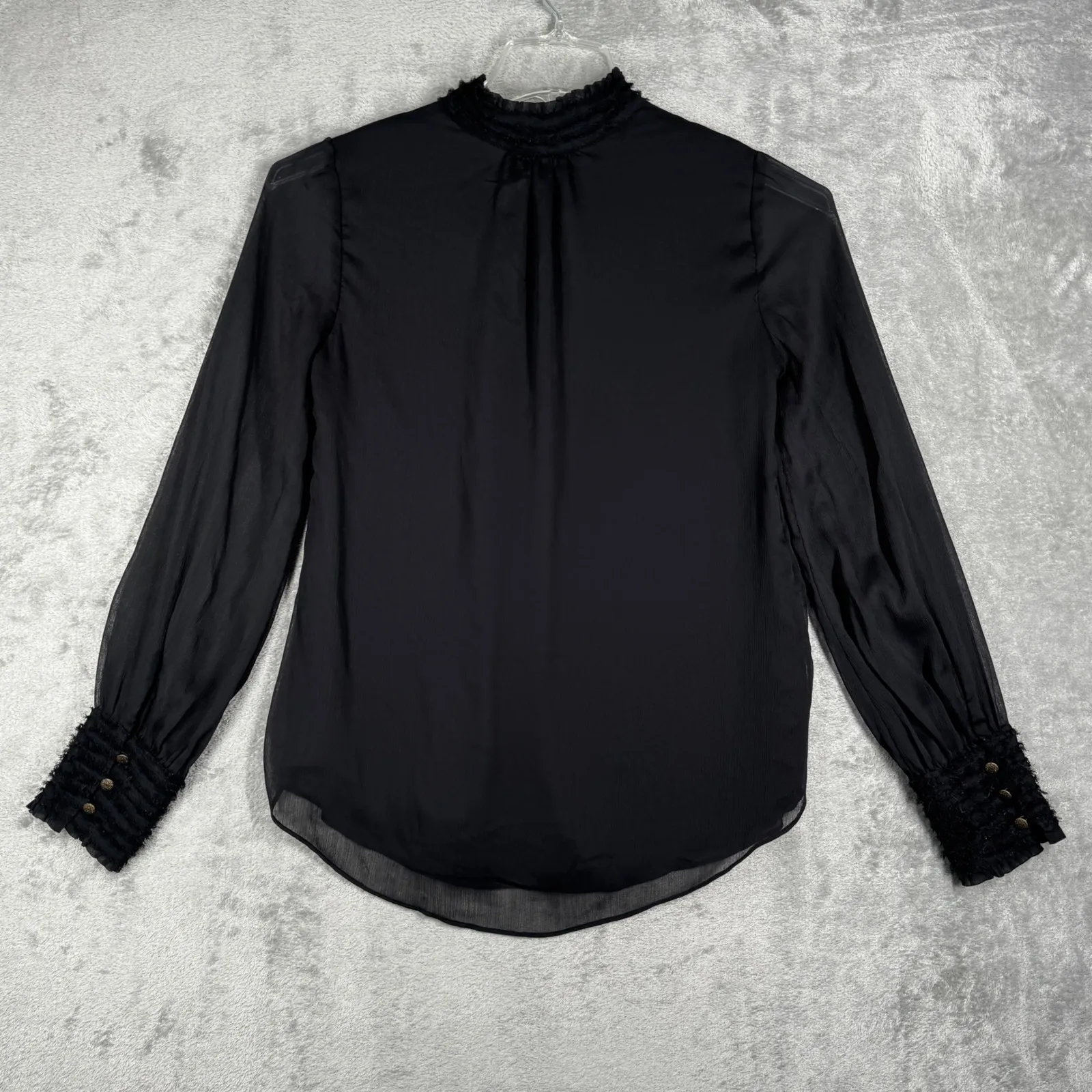 White House Black Market Blouse Sheer Long Sleeve‎ Ruffle Neck Neutral Black 4 - Image 3