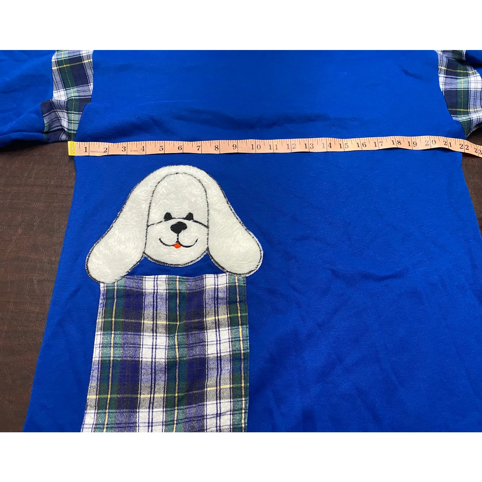 Vintage Lindsay Jordan Dog Applique Nightgown Blue Fleece Plaid Pocket Size‎ Size M - Image 6